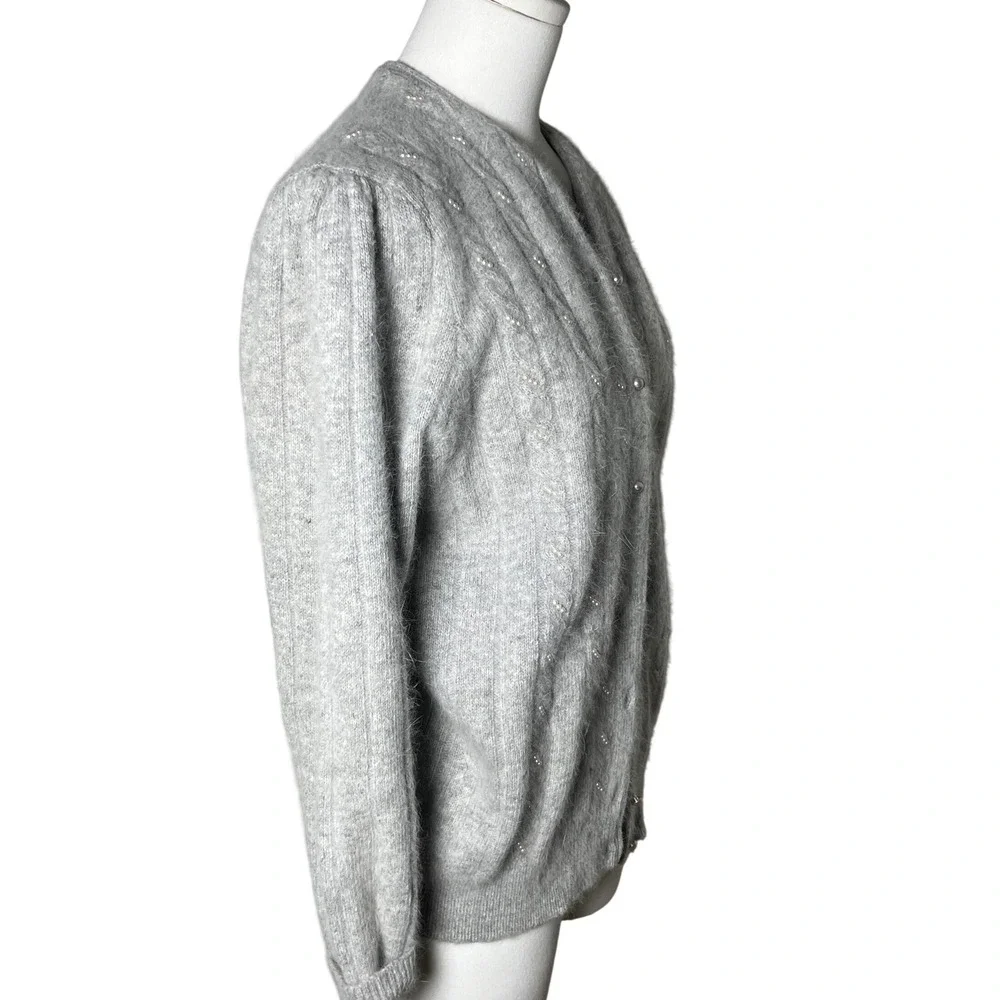 Vintage‎ Angora Lambswool Pearl Beaded Cable Knit Cardigan Gray Hong Kong S